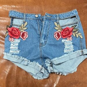 Rehab Blue Jean Shorts with Red Floral Embroidery
